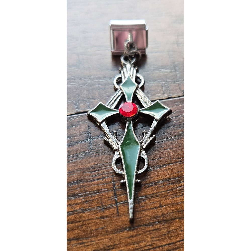 Gothic Cros Dangle Italian Charm Stainless Steel Green Enamel Red Rhinestone 9mm